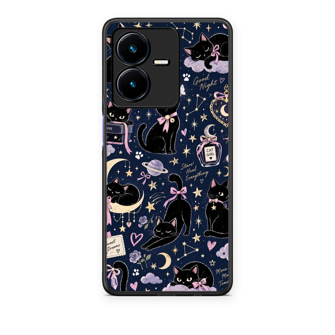 Θήκη Vivo Y22 Celestial Black Cats on Navy από τη Smartfits με σχέδιο στο πίσω μέρος και μαύρο περίβλημα | Vivo Y22 Celestial Black Cats on Navy case with colorful back and black bezels