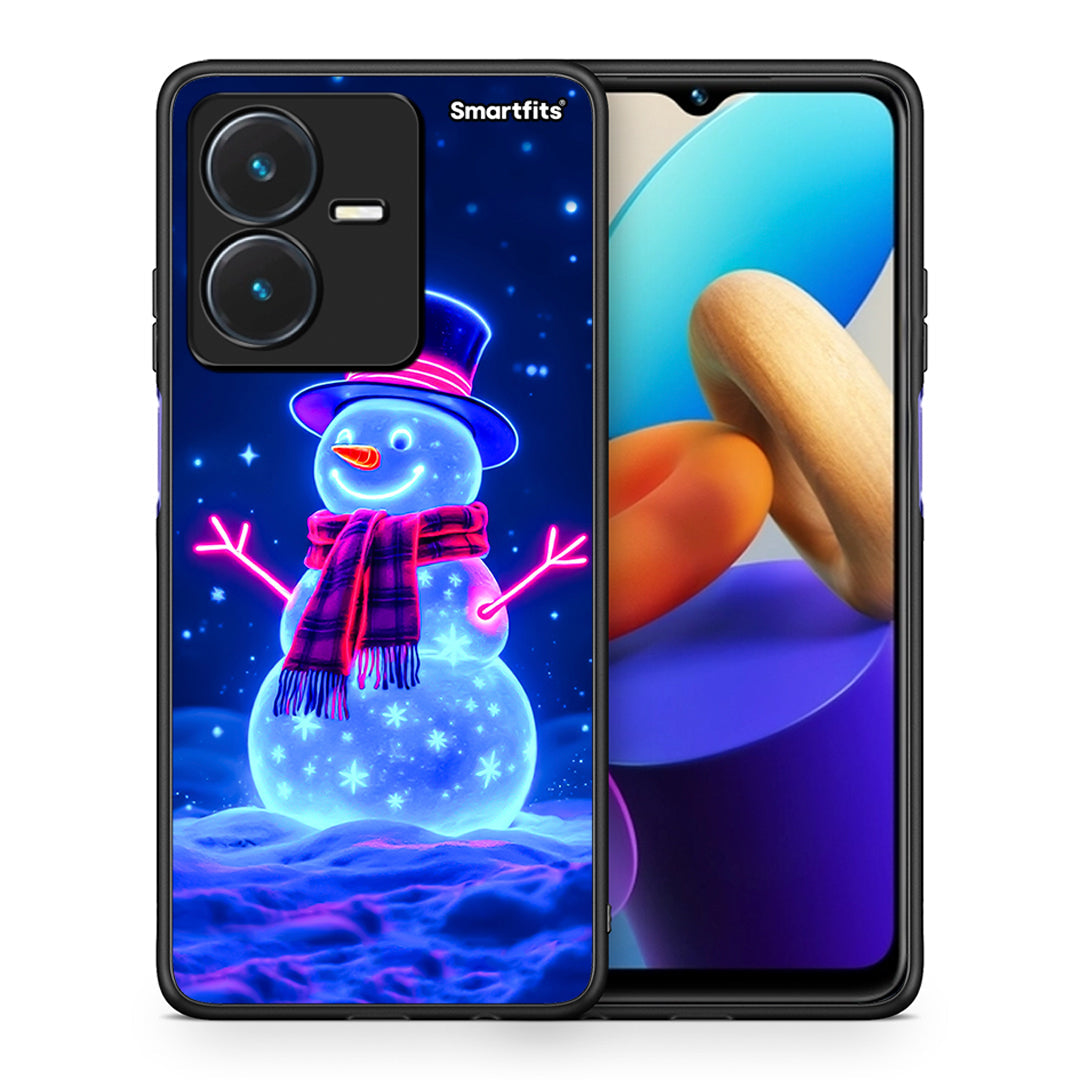 Θήκη Vivo Y22s Christmas Neon Snowman από τη Smartfits με σχέδιο στο πίσω μέρος και μαύρο περίβλημα | Vivo Y22s Christmas Neon Snowman case with colorful back and black bezels