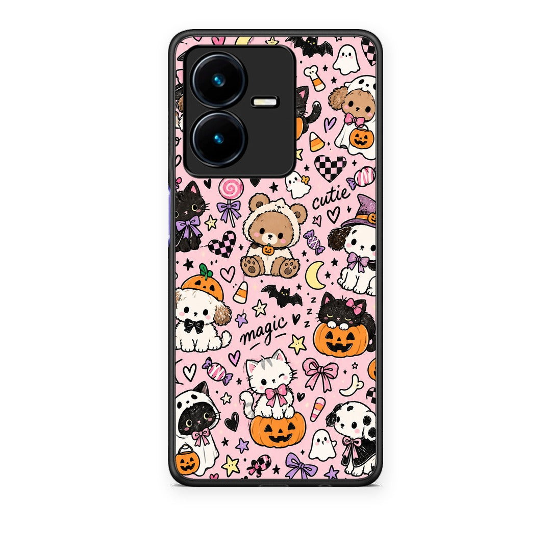 Θήκη Vivo Y22 Halloween Cute Animals on Pink από τη Smartfits με σχέδιο στο πίσω μέρος και μαύρο περίβλημα | Vivo Y22 Halloween Cute Animals on Pink case with colorful back and black bezels