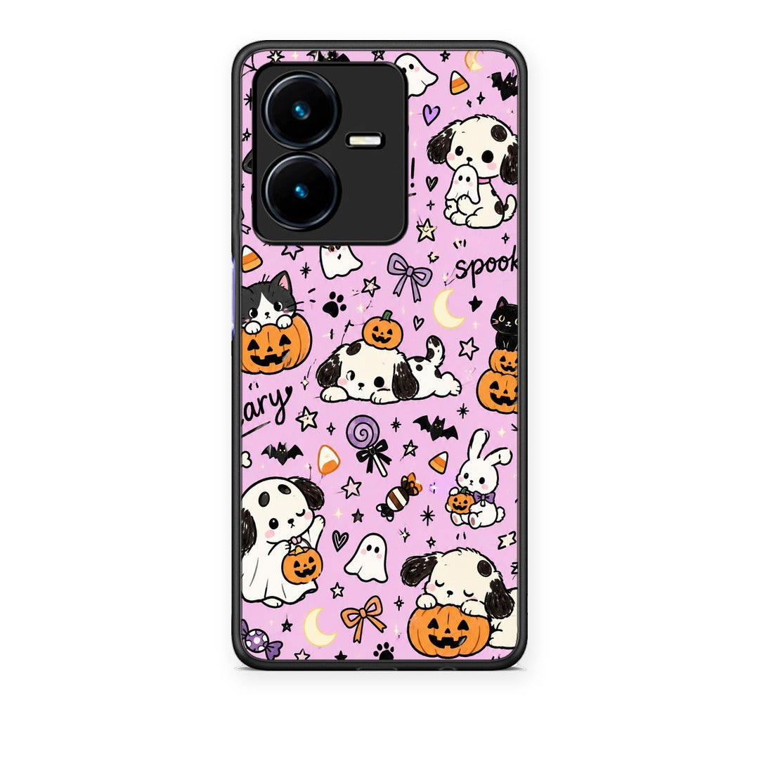 Θήκη Vivo Y22 Halloween Puppies and Friends on Lilac από τη Smartfits με σχέδιο στο πίσω μέρος και μαύρο περίβλημα | Vivo Y22 Halloween Puppies and Friends on Lilac case with colorful back and black bezels