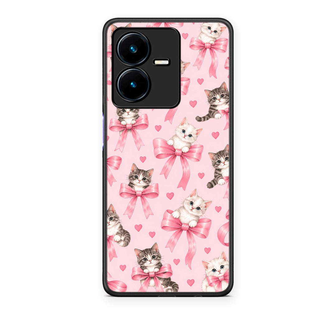 Θήκη Vivo Y22 Kittens and Pink Bows on Pink από τη Smartfits με σχέδιο στο πίσω μέρος και μαύρο περίβλημα | Vivo Y22 Kittens and Pink Bows on Pink case with colorful back and black bezels