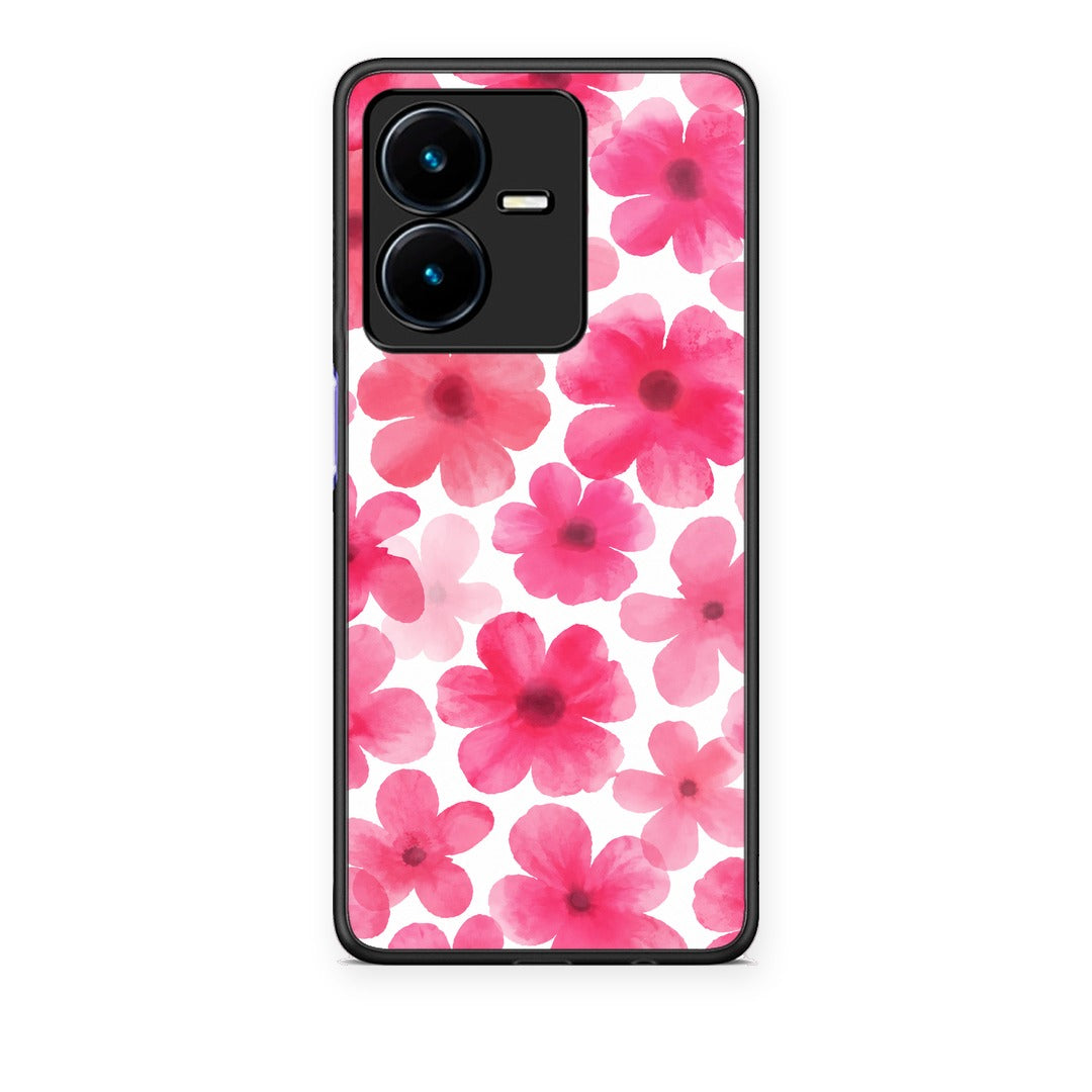 Θήκη Vivo Y22 Pink Watercolour Flowers on White από τη Smartfits με σχέδιο στο πίσω μέρος και μαύρο περίβλημα | Vivo Y22 Pink Watercolour Flowers on White case with colorful back and black bezels