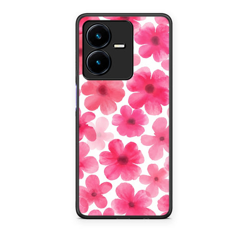 Θήκη Vivo Y22 Pink Watercolour Flowers on White από τη Smartfits με σχέδιο στο πίσω μέρος και μαύρο περίβλημα | Vivo Y22 Pink Watercolour Flowers on White case with colorful back and black bezels