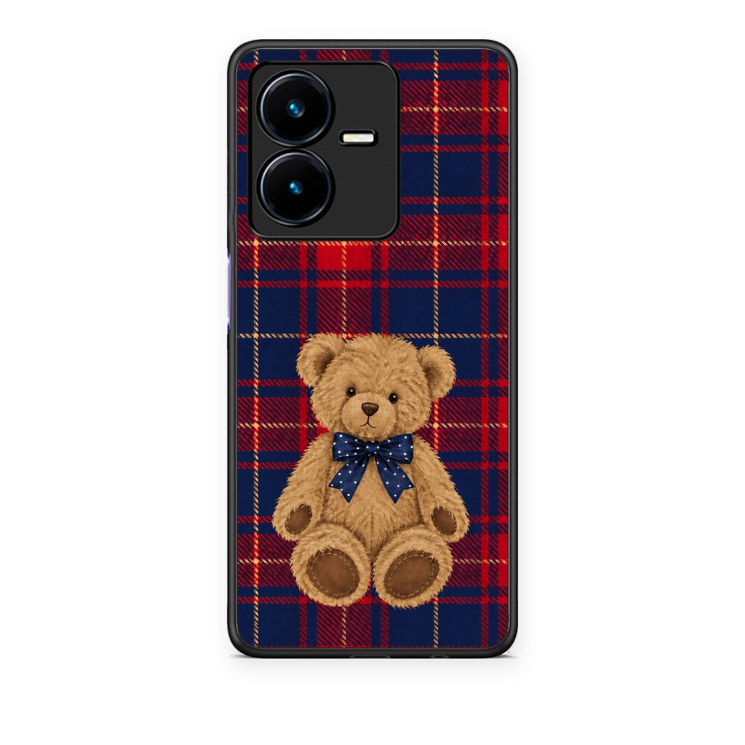 Θήκη Vivo Y22 Teddy Bear on Red and Navy Tartan από τη Smartfits με σχέδιο στο πίσω μέρος και μαύρο περίβλημα | Vivo Y22 Teddy Bear on Red and Navy Tartan case with colorful back and black bezels