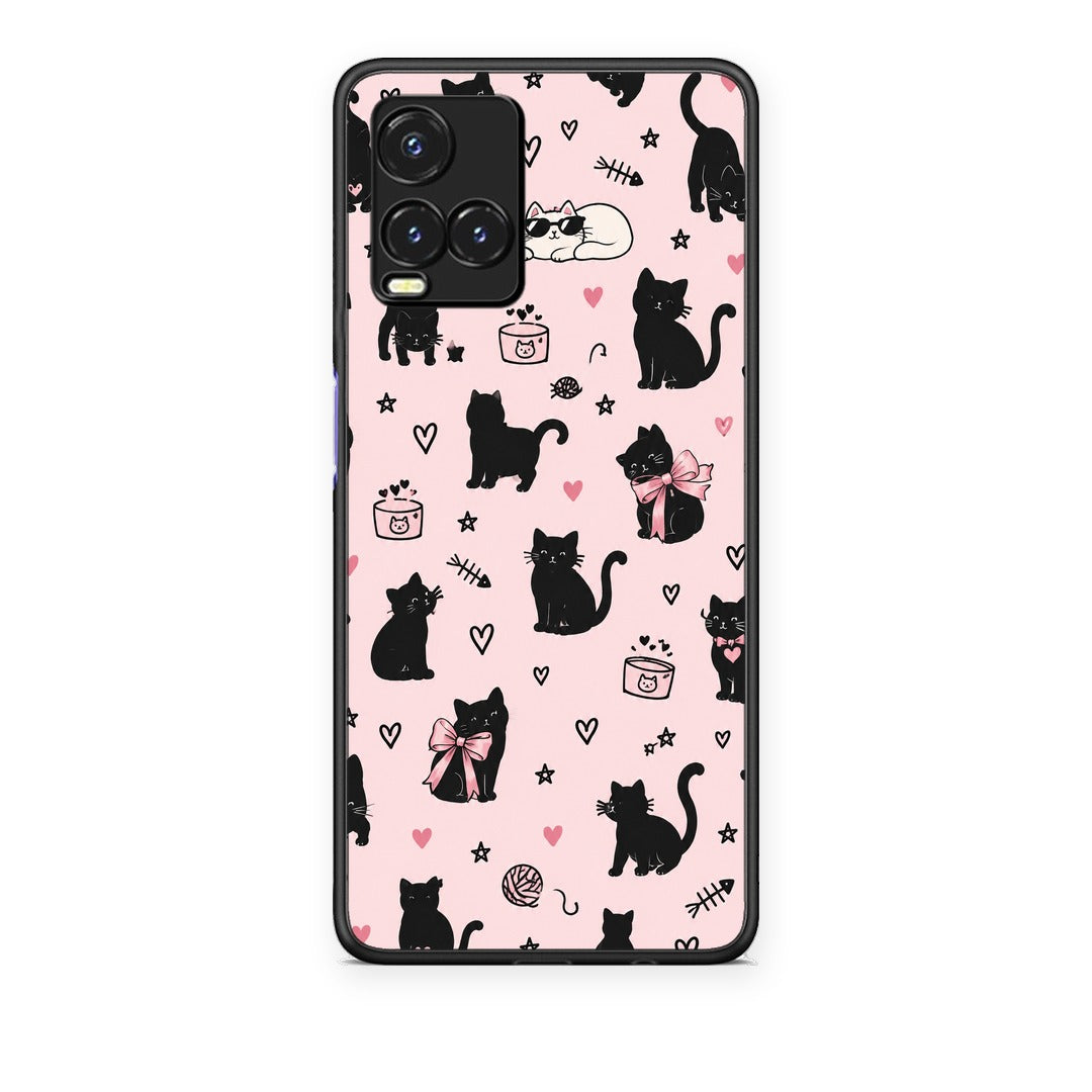 Θήκη Vivo Y33s / Y21s / Y21 Black Cat Doodles on Pink από τη Smartfits με σχέδιο στο πίσω μέρος και μαύρο περίβλημα | Vivo Y33s / Y21s / Y21 Black Cat Doodles on Pink case with colorful back and black bezels