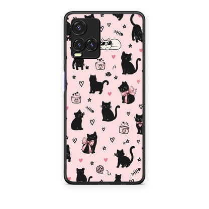 Θήκη Vivo Y33s / Y21s / Y21 Black Cat Doodles on Pink από τη Smartfits με σχέδιο στο πίσω μέρος και μαύρο περίβλημα | Vivo Y33s / Y21s / Y21 Black Cat Doodles on Pink case with colorful back and black bezels