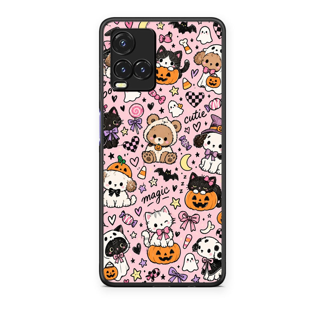 Θήκη Vivo Y33s / Y21s / Y21 Halloween Cute Animals on Pink από τη Smartfits με σχέδιο στο πίσω μέρος και μαύρο περίβλημα | Vivo Y33s / Y21s / Y21 Halloween Cute Animals on Pink case with colorful back and black bezels