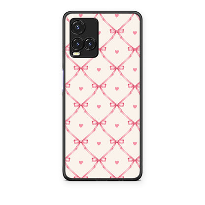 Θήκη Vivo Y33s / Y21s / Y21 Pink Bow Lattice and Hearts on Cream από τη Smartfits με σχέδιο στο πίσω μέρος και μαύρο περίβλημα | Vivo Y33s / Y21s / Y21 Pink Bow Lattice and Hearts on Cream case with colorful back and black bezels