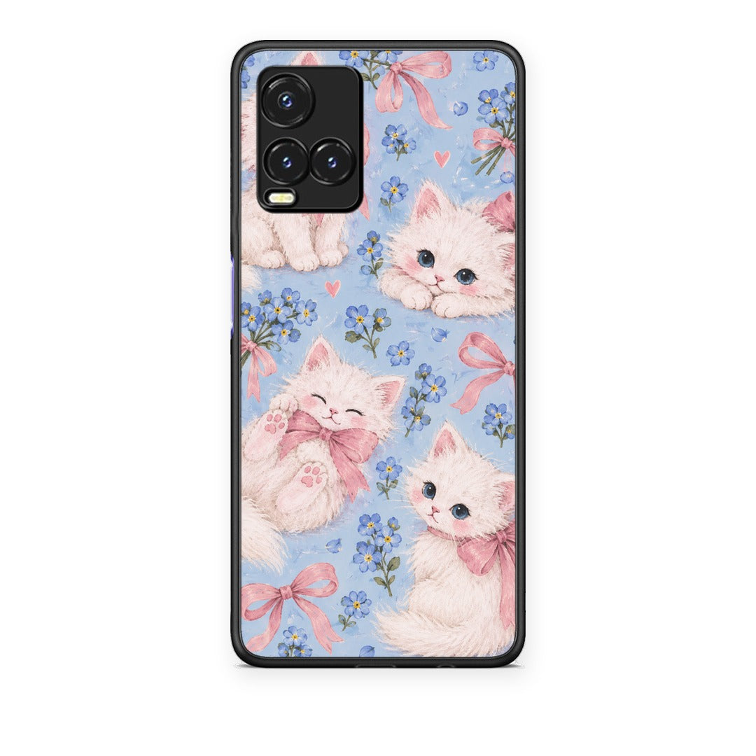 Θήκη Vivo Y33s / Y21s / Y21 White Kittens and Blue Flowers Large από τη Smartfits με σχέδιο στο πίσω μέρος και μαύρο περίβλημα | Vivo Y33s / Y21s / Y21 White Kittens and Blue Flowers Large case with colorful back and black bezels