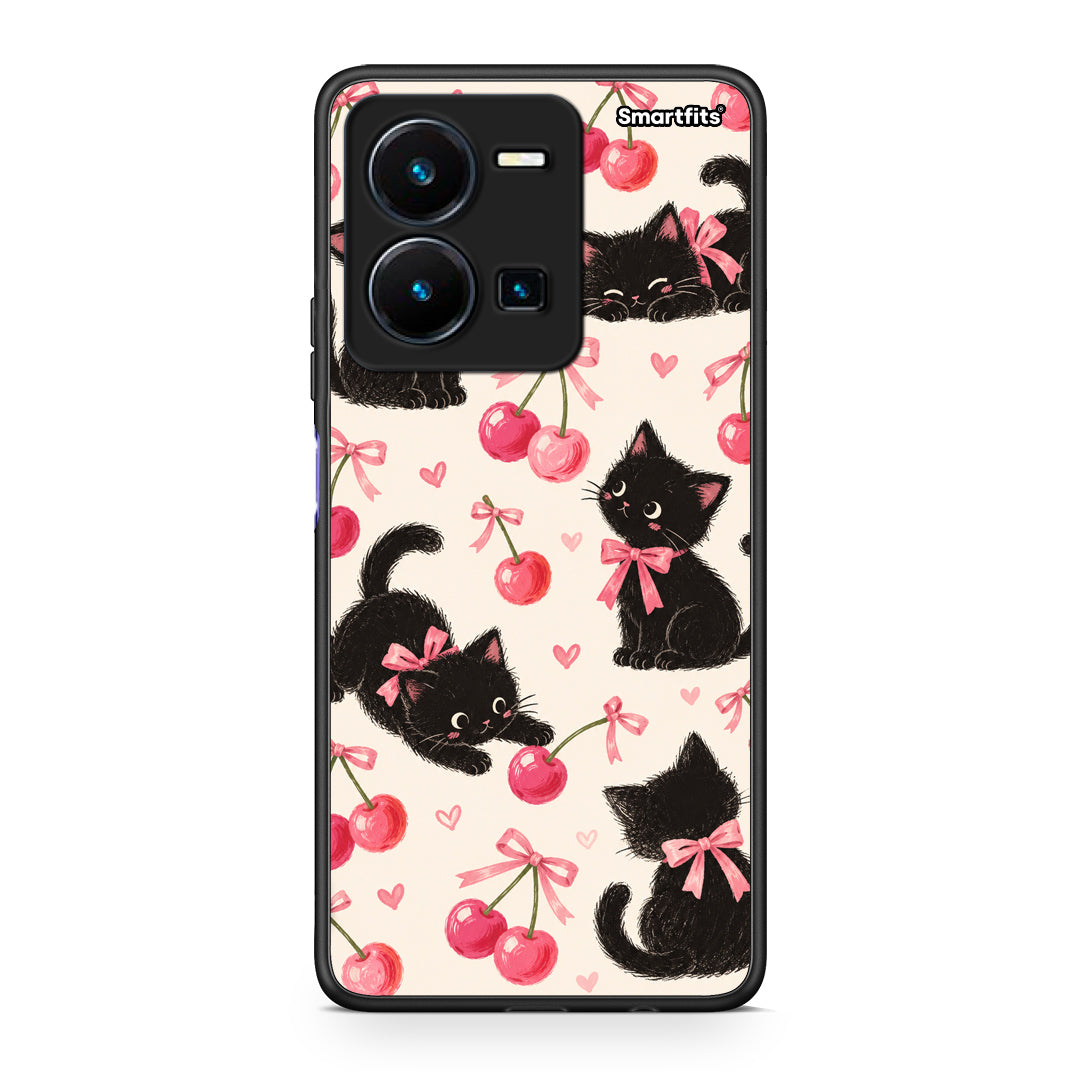 Θήκη Vivo Y22s / Y35 4G Black Kittens and Cherries on Cream από τη Smartfits με σχέδιο στο πίσω μέρος και μαύρο περίβλημα | Vivo Y22s / Y35 4G Black Kittens and Cherries on Cream case with colorful back and black bezels
