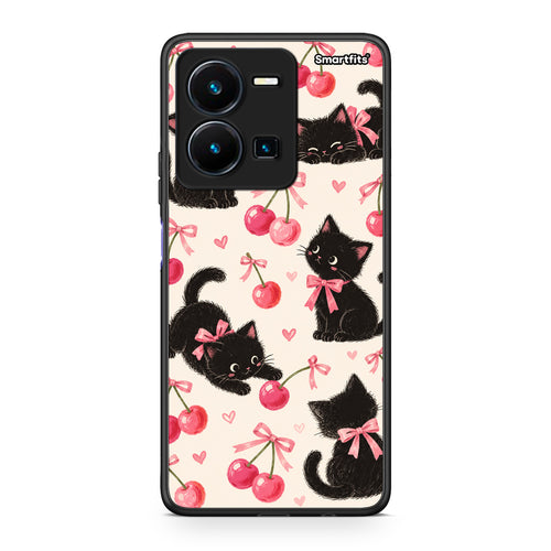 Θήκη Vivo Y22s / Y35 4G Black Kittens and Cherries on Cream από τη Smartfits με σχέδιο στο πίσω μέρος και μαύρο περίβλημα | Vivo Y22s / Y35 4G Black Kittens and Cherries on Cream case with colorful back and black bezels