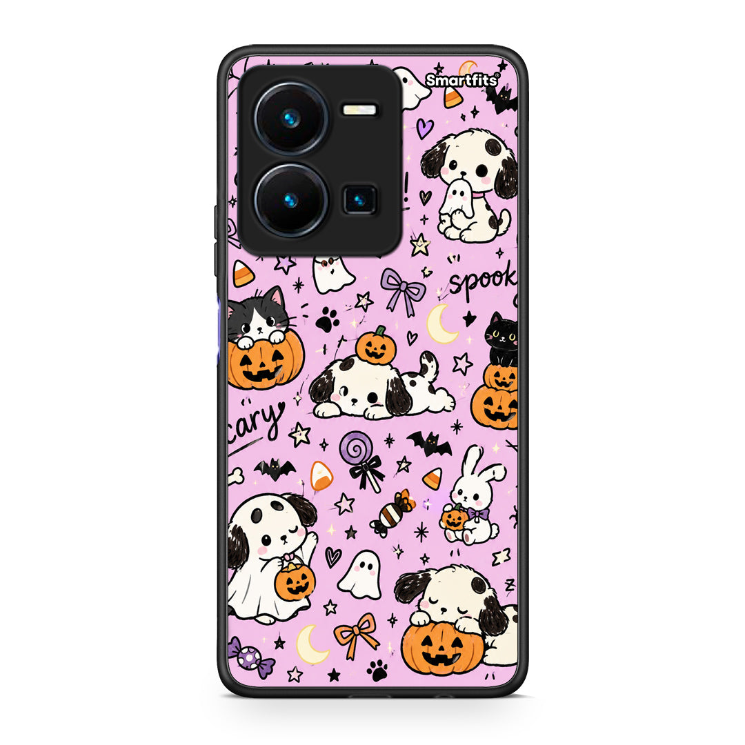 Θήκη Vivo Y22s / Y35 4G Halloween Puppies and Friends on Lilac από τη Smartfits με σχέδιο στο πίσω μέρος και μαύρο περίβλημα | Vivo Y22s / Y35 4G Halloween Puppies and Friends on Lilac case with colorful back and black bezels