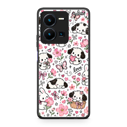 Θήκη Vivo Y22s / Y35 4G Pink Florals Puppies and Bunnies on White από τη Smartfits με σχέδιο στο πίσω μέρος και μαύρο περίβλημα | Vivo Y22s / Y35 4G Pink Florals Puppies and Bunnies on White case with colorful back and black bezels