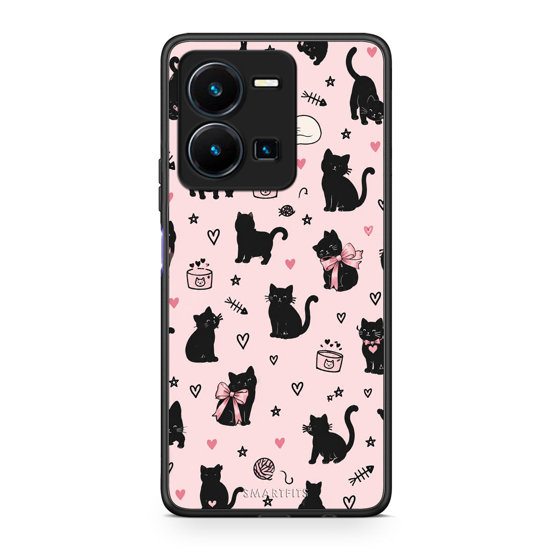Θήκη Vivo Y35 5G Black Cat Doodles on Pink από τη Smartfits με σχέδιο στο πίσω μέρος και μαύρο περίβλημα | Vivo Y35 5G Black Cat Doodles on Pink case with colorful back and black bezels