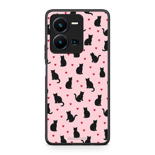 Θήκη Vivo Y35 5G Black Cat Silhouettes and Hearts on Pink από τη Smartfits με σχέδιο στο πίσω μέρος και μαύρο περίβλημα | Vivo Y35 5G Black Cat Silhouettes and Hearts on Pink case with colorful back and black bezels