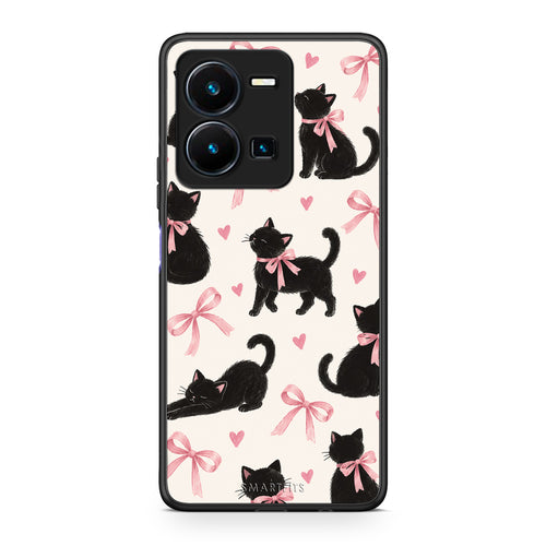 Θήκη Vivo Y35 5G Black Kittens and Pink Bows on Cream Large από τη Smartfits με σχέδιο στο πίσω μέρος και μαύρο περίβλημα | Vivo Y35 5G Black Kittens and Pink Bows on Cream Large case with colorful back and black bezels