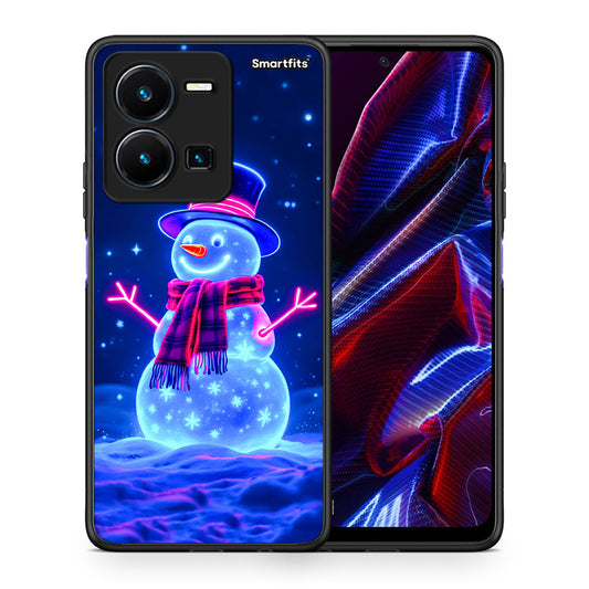 Θήκη Vivo Y35 5G Christmas Neon Snowman από τη Smartfits με σχέδιο στο πίσω μέρος και μαύρο περίβλημα | Vivo Y35 5G Christmas Neon Snowman case with colorful back and black bezels
