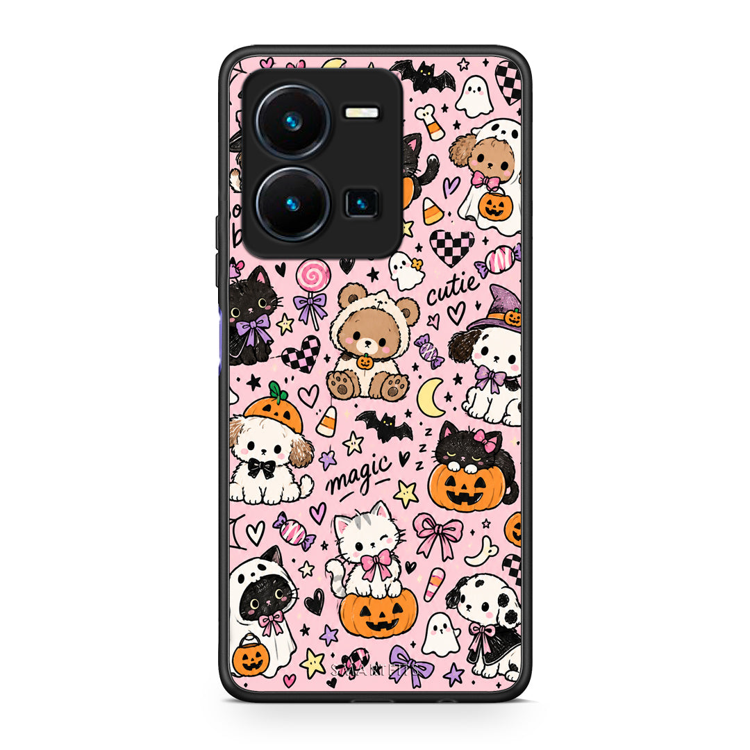 Θήκη Vivo Y35 5G Halloween Cute Animals on Pink από τη Smartfits με σχέδιο στο πίσω μέρος και μαύρο περίβλημα | Vivo Y35 5G Halloween Cute Animals on Pink case with colorful back and black bezels