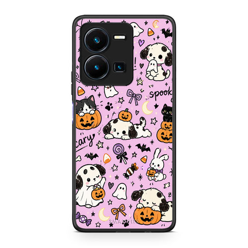 Θήκη Vivo Y35 5G Halloween Puppies and Friends on Lilac από τη Smartfits με σχέδιο στο πίσω μέρος και μαύρο περίβλημα | Vivo Y35 5G Halloween Puppies and Friends on Lilac case with colorful back and black bezels