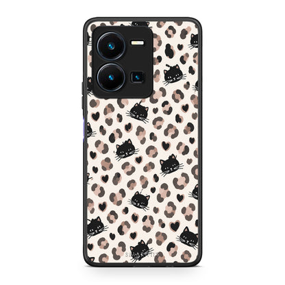 Θήκη Vivo Y35 5G Leopard Spots and Black Cats on Cream από τη Smartfits με σχέδιο στο πίσω μέρος και μαύρο περίβλημα | Vivo Y35 5G Leopard Spots and Black Cats on Cream case with colorful back and black bezels