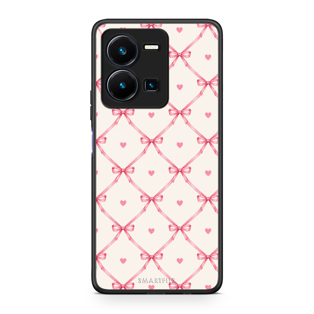 Θήκη Vivo Y35 5G Pink Bow Lattice and Hearts on Cream από τη Smartfits με σχέδιο στο πίσω μέρος και μαύρο περίβλημα | Vivo Y35 5G Pink Bow Lattice and Hearts on Cream case with colorful back and black bezels