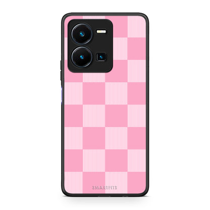 Θήκη Vivo Y35 5G Pink and White Striped Checks από τη Smartfits με σχέδιο στο πίσω μέρος και μαύρο περίβλημα | Vivo Y35 5G Pink and White Striped Checks case with colorful back and black bezels