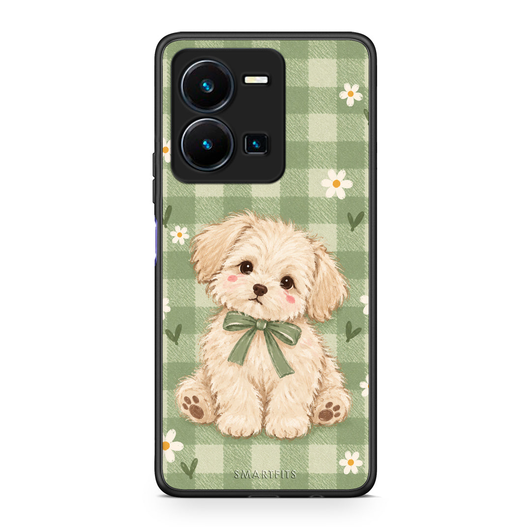Θήκη Vivo Y35 5G Puppy and Daisies on Sage Gingham από τη Smartfits με σχέδιο στο πίσω μέρος και μαύρο περίβλημα | Vivo Y35 5G Puppy and Daisies on Sage Gingham case with colorful back and black bezels