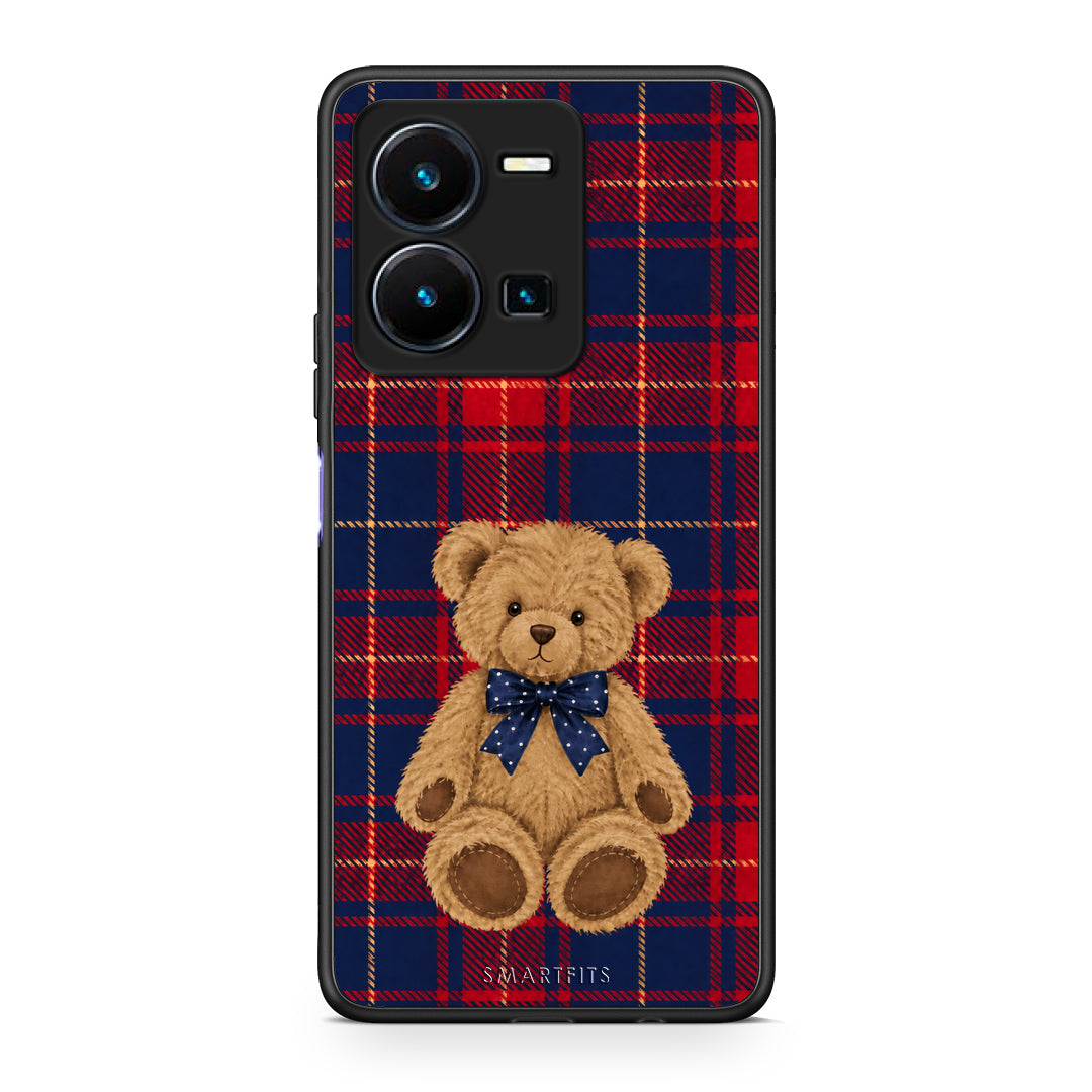 Θήκη Vivo Y35 5G Teddy Bear on Red and Navy Tartan από τη Smartfits με σχέδιο στο πίσω μέρος και μαύρο περίβλημα | Vivo Y35 5G Teddy Bear on Red and Navy Tartan case with colorful back and black bezels