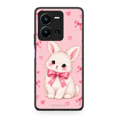 Θήκη Vivo Y35 5G White Bunny and Pink Bows από τη Smartfits με σχέδιο στο πίσω μέρος και μαύρο περίβλημα | Vivo Y35 5G White Bunny and Pink Bows case with colorful back and black bezels
