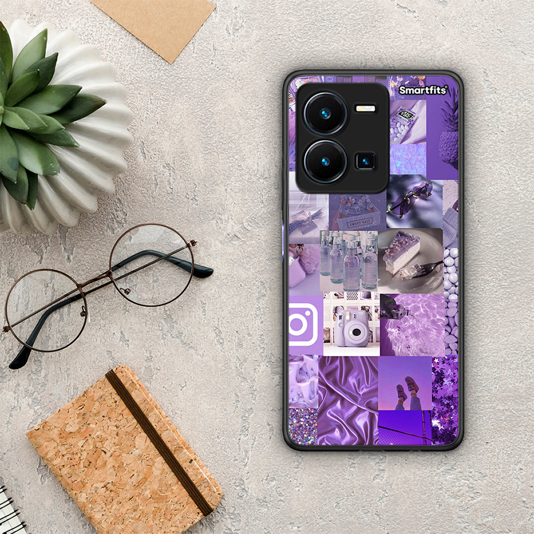 Θήκη Vivo Y35 Purple Aesthetic Collage από τη Smartfits με σχέδιο στο πίσω μέρος και μαύρο περίβλημα | Vivo Y35 Purple Aesthetic Collage Case with Colorful Back and Black Bezels