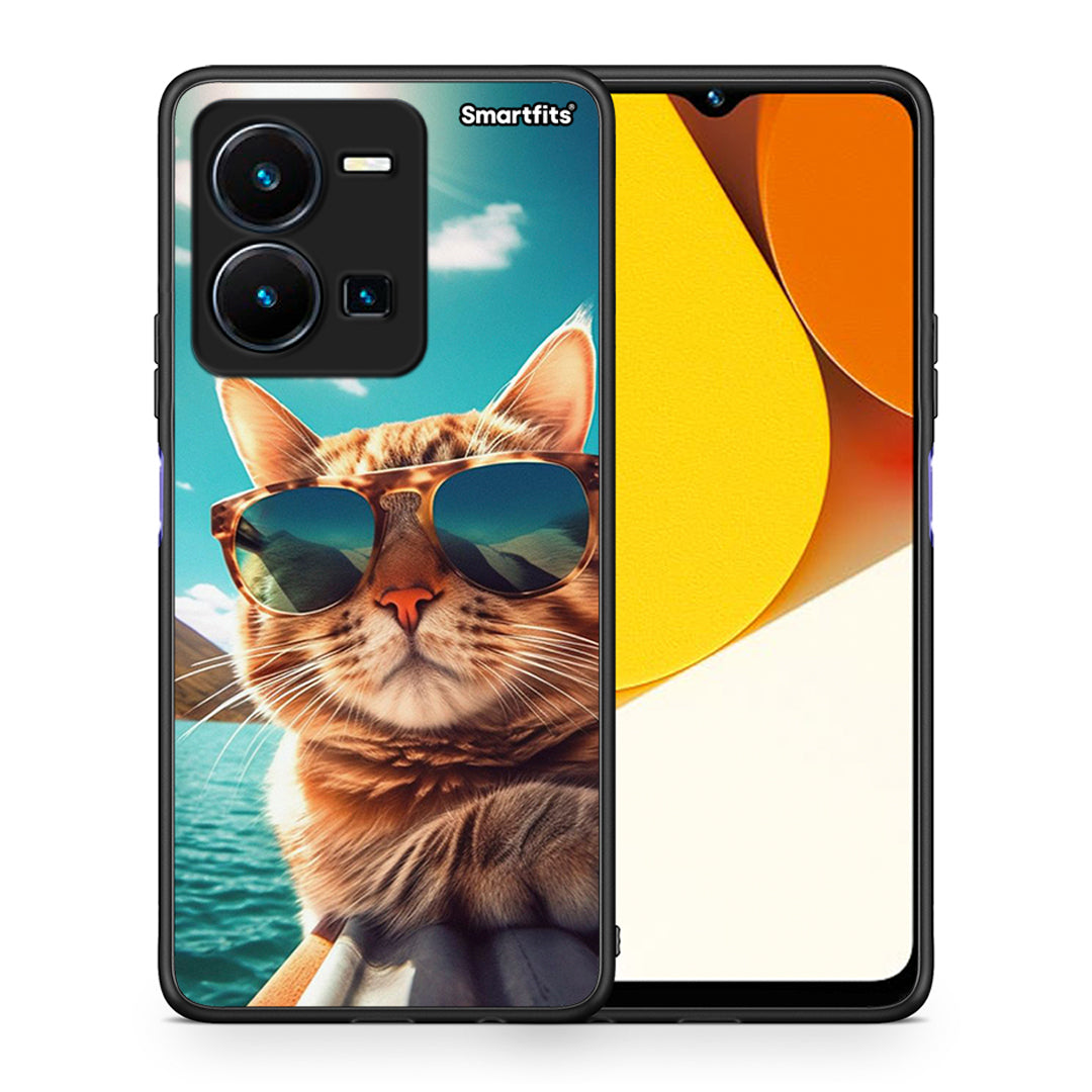 Θήκη Vivo Y35 Summer Cat από τη Smartfits με σχέδιο στο πίσω μέρος και μαύρο περίβλημα | Vivo Y35 Summer Cat Case with Colorful Back and Black Bezels