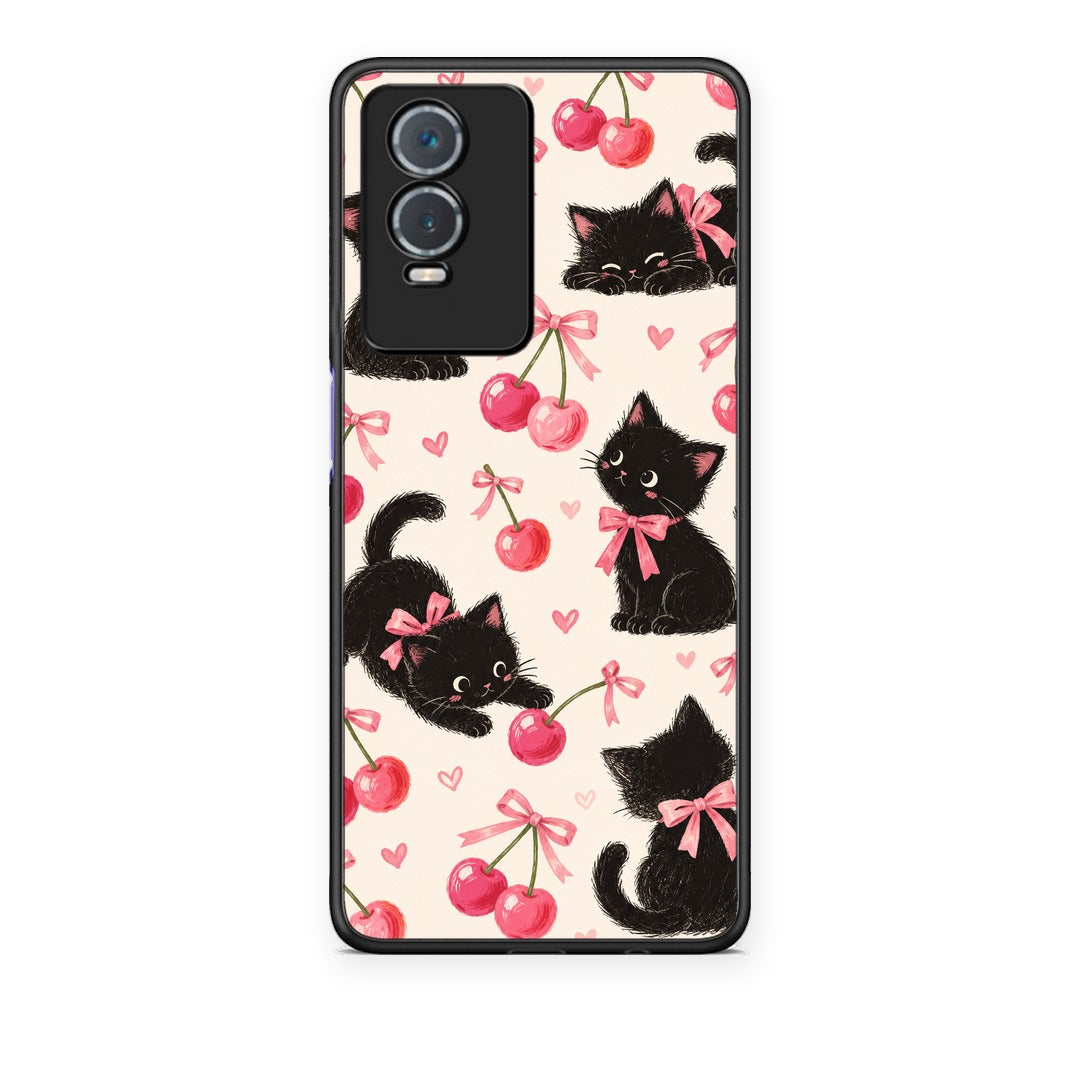 Θήκη Vivo Y76 5G / Y76s / Y74s Black Kittens and Cherries on Cream από τη Smartfits με σχέδιο στο πίσω μέρος και μαύρο περίβλημα | Vivo Y76 5G / Y76s / Y74s Black Kittens and Cherries on Cream case with colorful back and black bezels