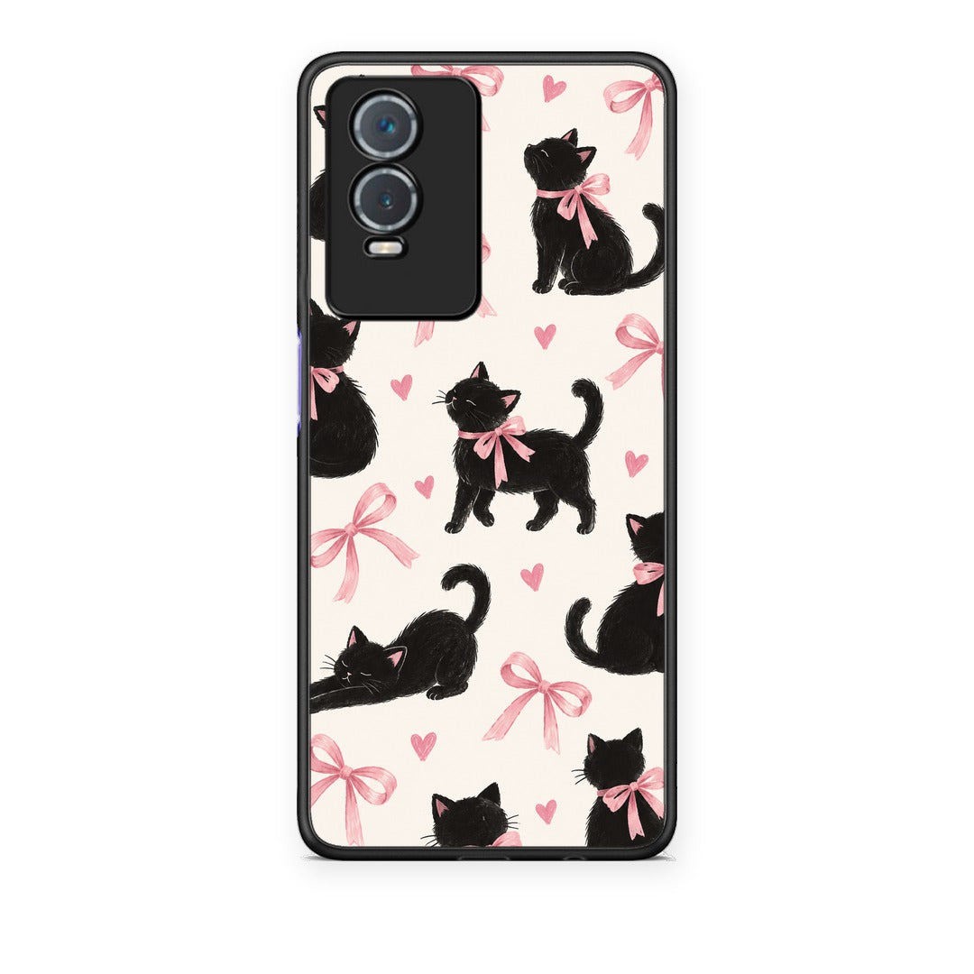 Θήκη Vivo Y76 5G / Y76s / Y74s Black Kittens and Pink Bows on Cream Large από τη Smartfits με σχέδιο στο πίσω μέρος και μαύρο περίβλημα | Vivo Y76 5G / Y76s / Y74s Black Kittens and Pink Bows on Cream Large case with colorful back and black bezels