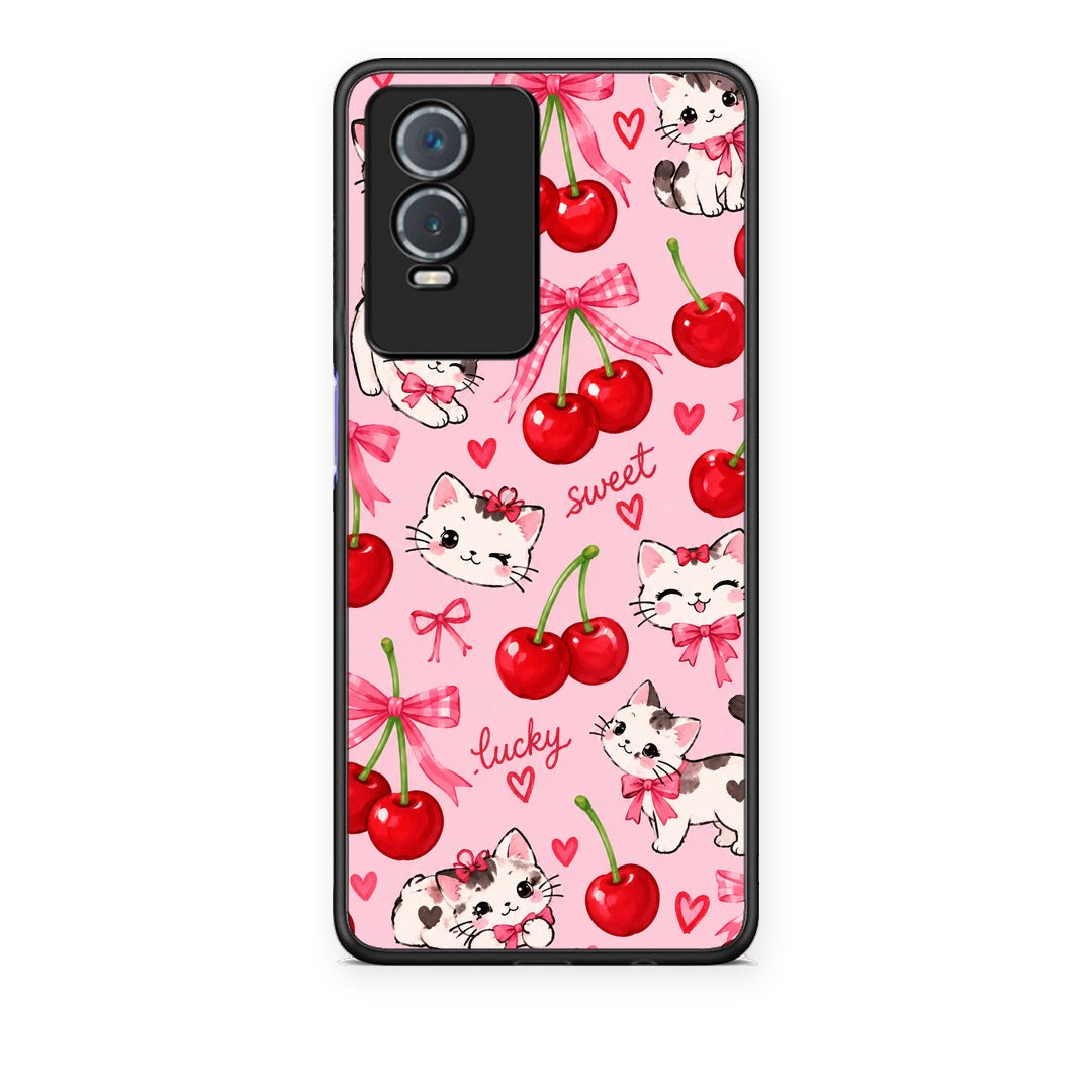 Θήκη Vivo Y76 5G / Y76s / Y74s Cherries Bows and Kittens on Pink από τη Smartfits με σχέδιο στο πίσω μέρος και μαύρο περίβλημα | Vivo Y76 5G / Y76s / Y74s Cherries Bows and Kittens on Pink case with colorful back and black bezels
