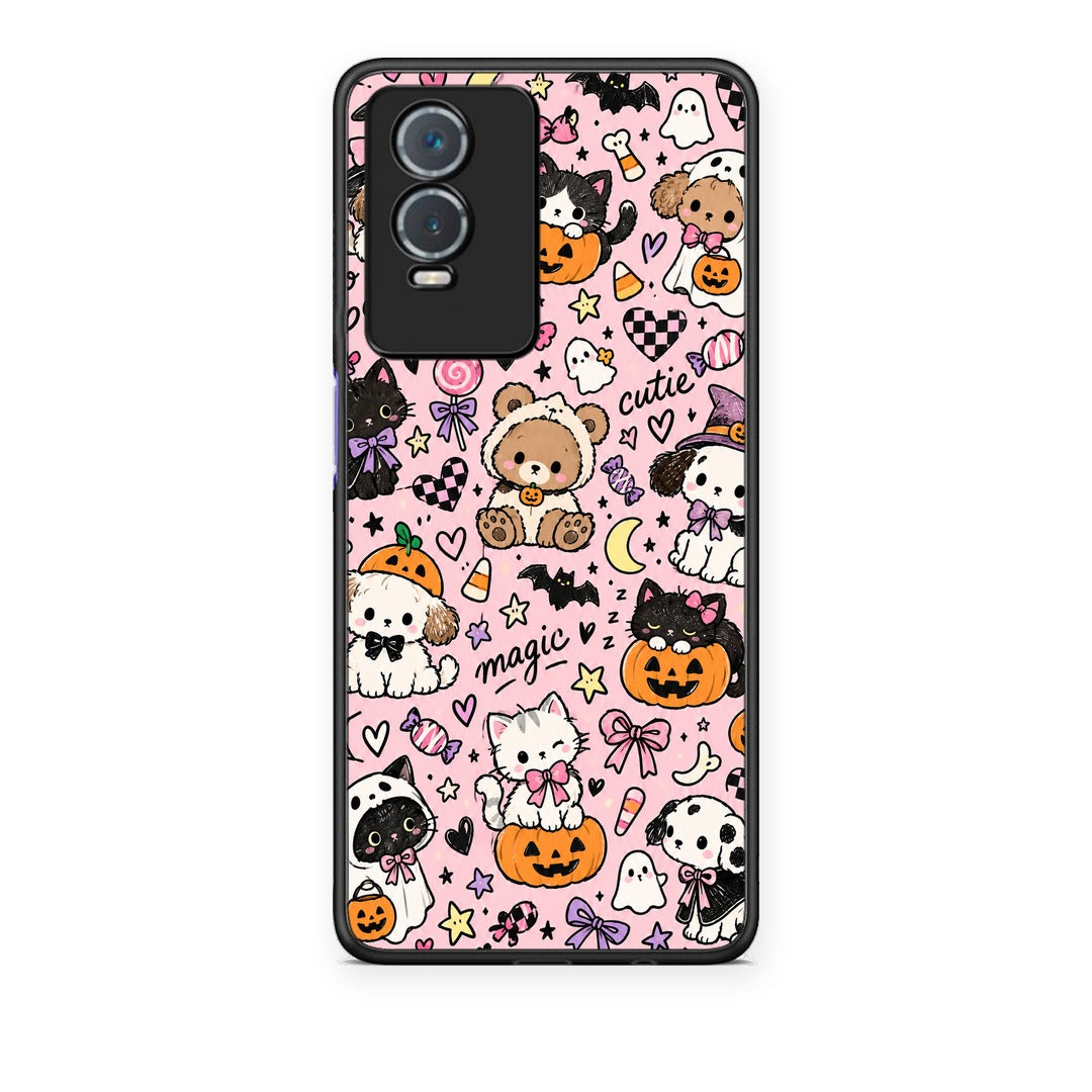 Θήκη Vivo Y76 5G / Y76s / Y74s Halloween Cute Animals on Pink από τη Smartfits με σχέδιο στο πίσω μέρος και μαύρο περίβλημα | Vivo Y76 5G / Y76s / Y74s Halloween Cute Animals on Pink case with colorful back and black bezels