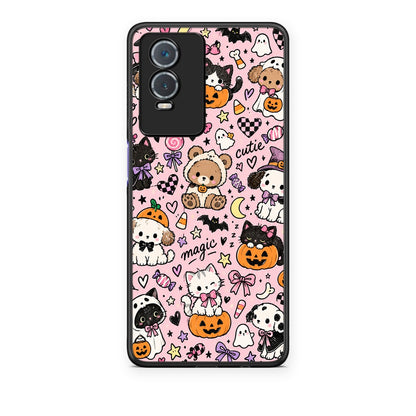 Θήκη Vivo Y76 5G / Y76s / Y74s Halloween Cute Animals on Pink από τη Smartfits με σχέδιο στο πίσω μέρος και μαύρο περίβλημα | Vivo Y76 5G / Y76s / Y74s Halloween Cute Animals on Pink case with colorful back and black bezels