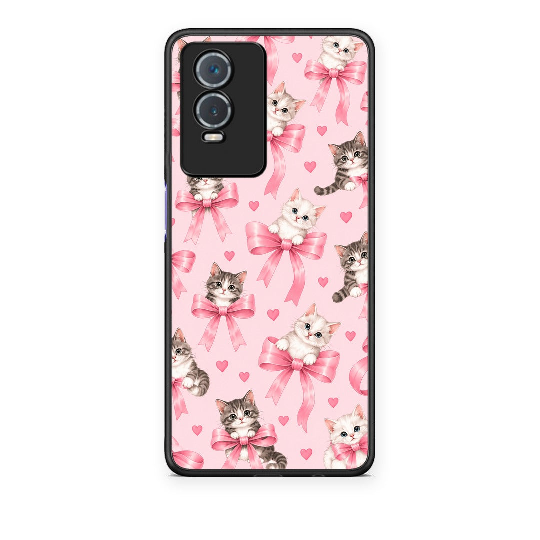 Θήκη Vivo Y76 5G / Y76s / Y74s Kittens and Pink Bows on Pink από τη Smartfits με σχέδιο στο πίσω μέρος και μαύρο περίβλημα | Vivo Y76 5G / Y76s / Y74s Kittens and Pink Bows on Pink case with colorful back and black bezels