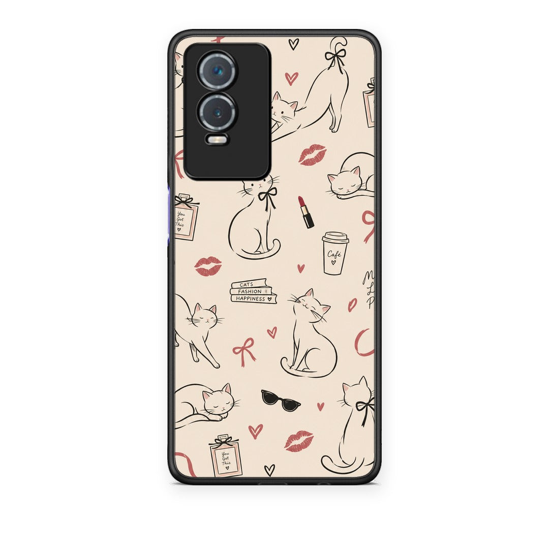 Θήκη Vivo Y76 5G / Y76s / Y74s Minimal Cat and Fashion Doodles on Cream από τη Smartfits με σχέδιο στο πίσω μέρος και μαύρο περίβλημα | Vivo Y76 5G / Y76s / Y74s Minimal Cat and Fashion Doodles on Cream case with colorful back and black bezels