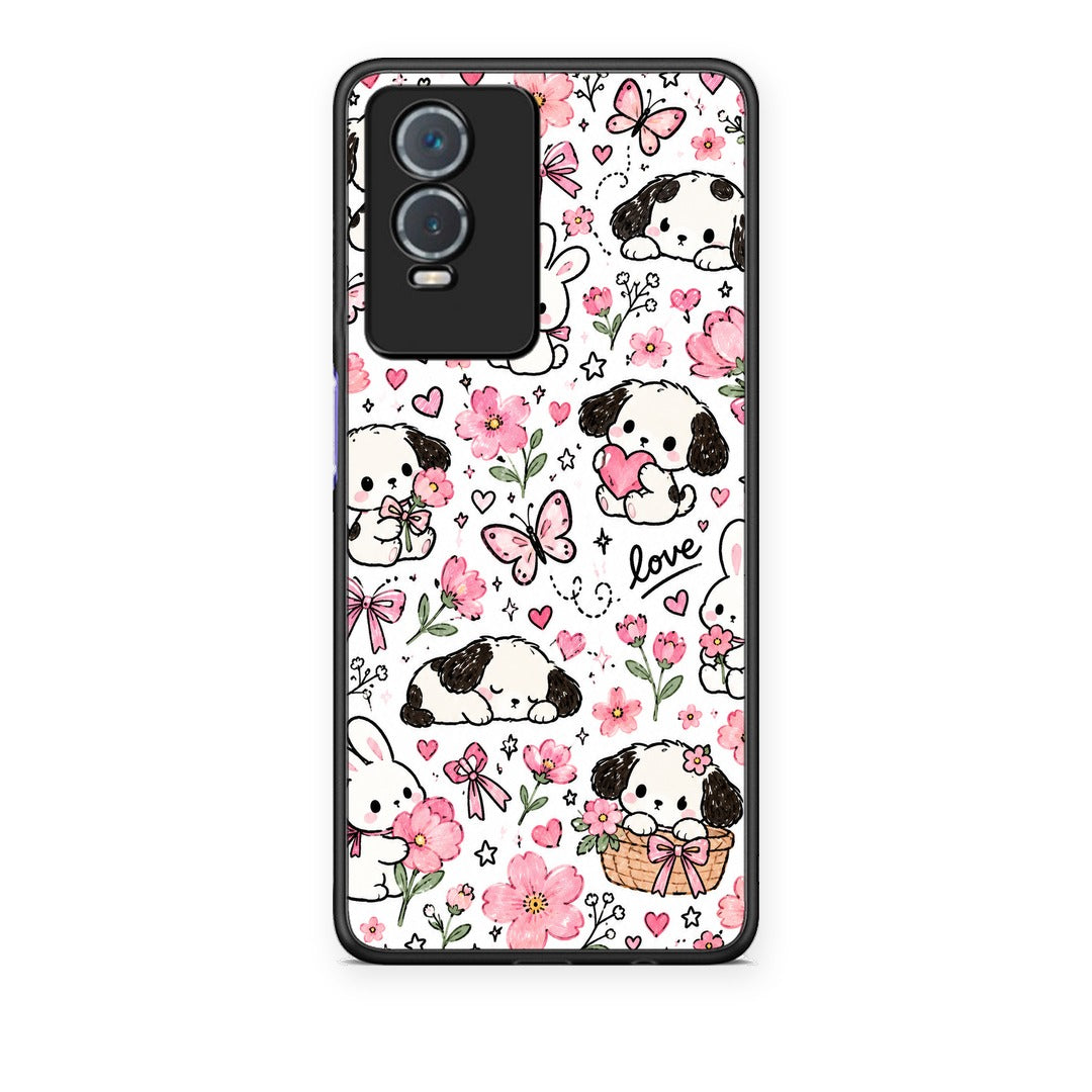 Θήκη Vivo Y76 5G / Y76s / Y74s Pink Florals Puppies and Bunnies on White από τη Smartfits με σχέδιο στο πίσω μέρος και μαύρο περίβλημα | Vivo Y76 5G / Y76s / Y74s Pink Florals Puppies and Bunnies on White case with colorful back and black bezels
