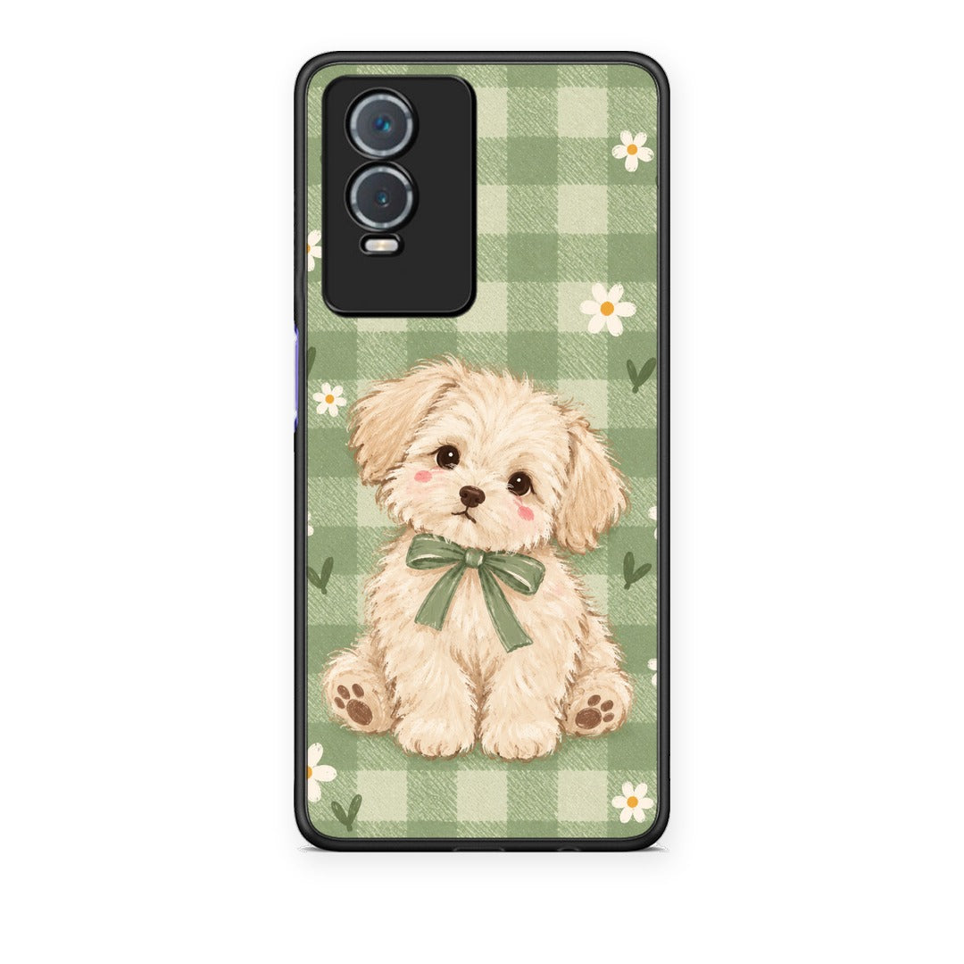 Θήκη Vivo Y76 5G / Y76s / Y74s Puppy and Daisies on Sage Gingham από τη Smartfits με σχέδιο στο πίσω μέρος και μαύρο περίβλημα | Vivo Y76 5G / Y76s / Y74s Puppy and Daisies on Sage Gingham case with colorful back and black bezels