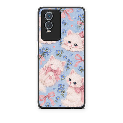 Θήκη Vivo Y76 5G / Y76s / Y74s White Kittens and Blue Flowers Large από τη Smartfits με σχέδιο στο πίσω μέρος και μαύρο περίβλημα | Vivo Y76 5G / Y76s / Y74s White Kittens and Blue Flowers Large case with colorful back and black bezels