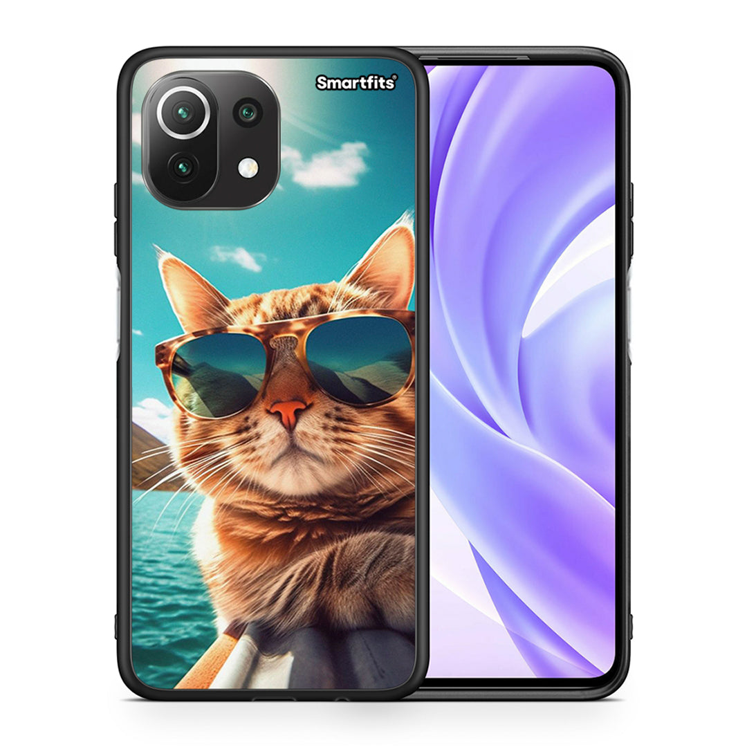 Θήκη Xiaomi 11 Lite/Mi 11 Lite Summer Cat από τη Smartfits με σχέδιο στο πίσω μέρος και μαύρο περίβλημα | Xiaomi 11 Lite/Mi 11 Lite Summer Cat case with colorful back and black bezels