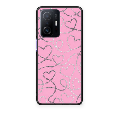 Θήκη Xiaomi 11T / 11T Pro Barbed Wire Hearts on Pink από τη Smartfits με σχέδιο στο πίσω μέρος και μαύρο περίβλημα | Xiaomi 11T / 11T Pro Barbed Wire Hearts on Pink case with colorful back and black bezels