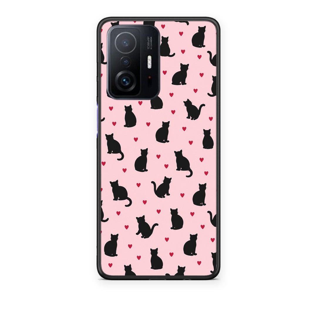 Θήκη Xiaomi 11T / 11T Pro Black Cat Silhouettes and Hearts on Pink από τη Smartfits με σχέδιο στο πίσω μέρος και μαύρο περίβλημα | Xiaomi 11T / 11T Pro Black Cat Silhouettes and Hearts on Pink case with colorful back and black bezels