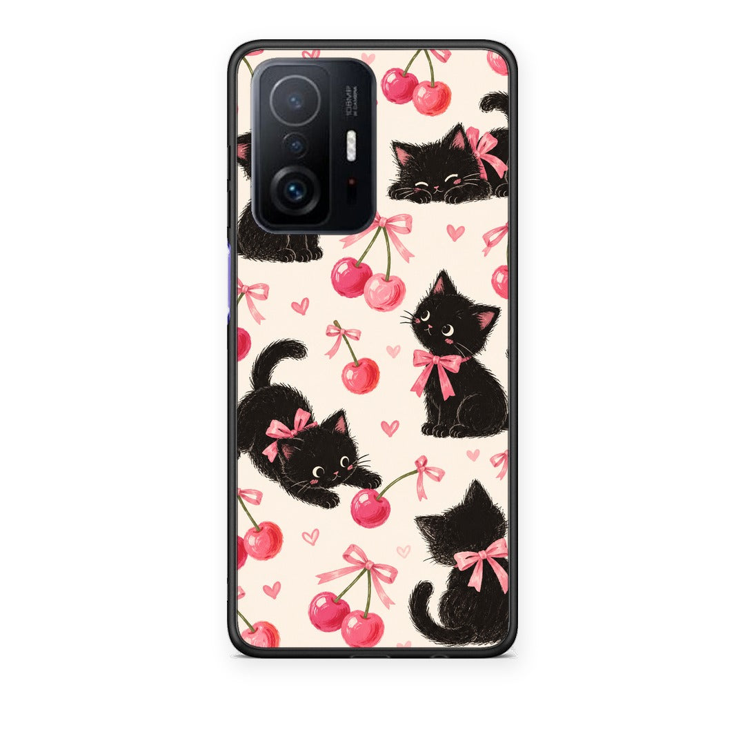 Θήκη Xiaomi 11T / 11T Pro Black Kittens and Cherries on Cream από τη Smartfits με σχέδιο στο πίσω μέρος και μαύρο περίβλημα | Xiaomi 11T / 11T Pro Black Kittens and Cherries on Cream case with colorful back and black bezels