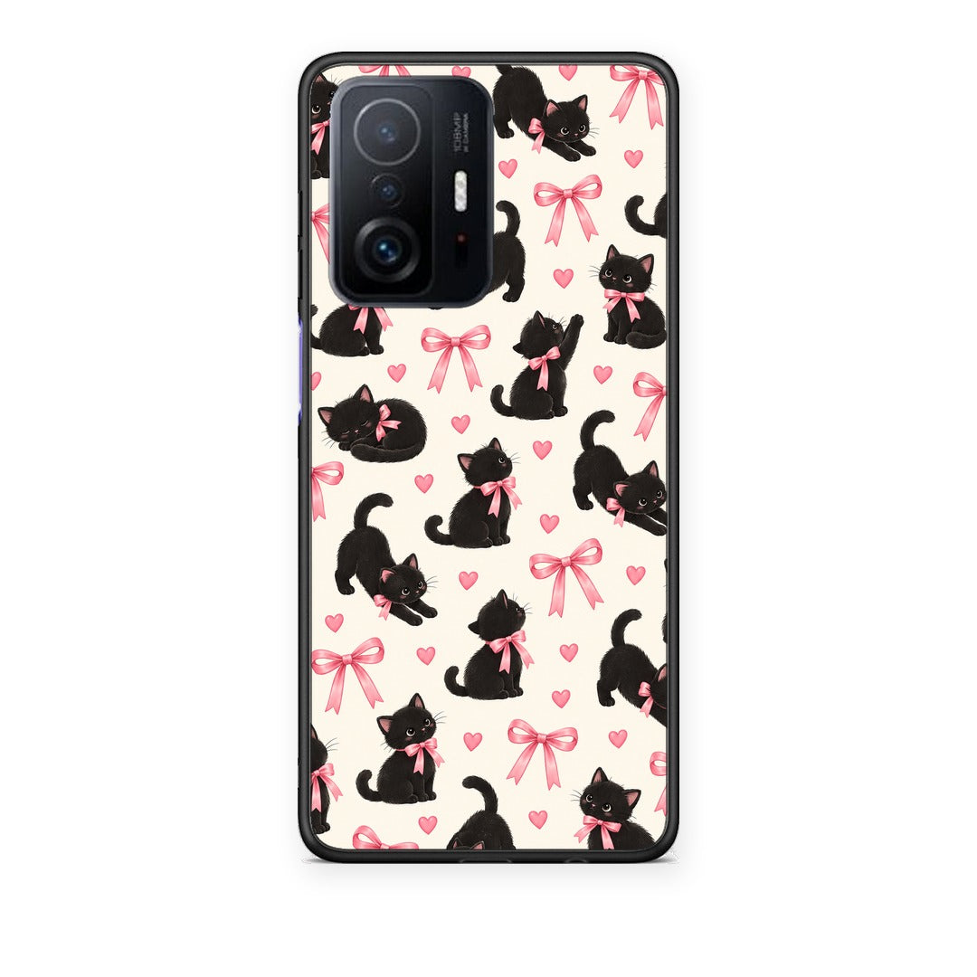 Θήκη Xiaomi 11T / 11T Pro Black Kittens and Pink Bows on Cream Small από τη Smartfits με σχέδιο στο πίσω μέρος και μαύρο περίβλημα | Xiaomi 11T / 11T Pro Black Kittens and Pink Bows on Cream Small case with colorful back and black bezels