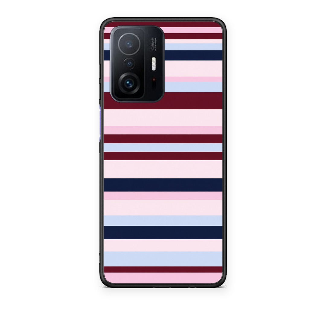Θήκη Xiaomi 11T / 11T Pro Burgundy Pink and Blue Horizontal Stripes από τη Smartfits με σχέδιο στο πίσω μέρος και μαύρο περίβλημα | Xiaomi 11T / 11T Pro Burgundy Pink and Blue Horizontal Stripes case with colorful back and black bezels