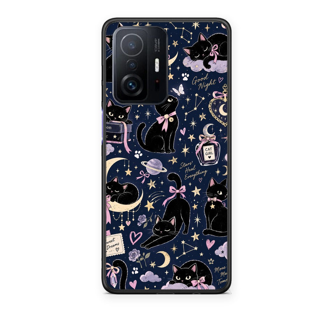 Θήκη Xiaomi 11T / 11T Pro Celestial Black Cats on Navy από τη Smartfits με σχέδιο στο πίσω μέρος και μαύρο περίβλημα | Xiaomi 11T / 11T Pro Celestial Black Cats on Navy case with colorful back and black bezels