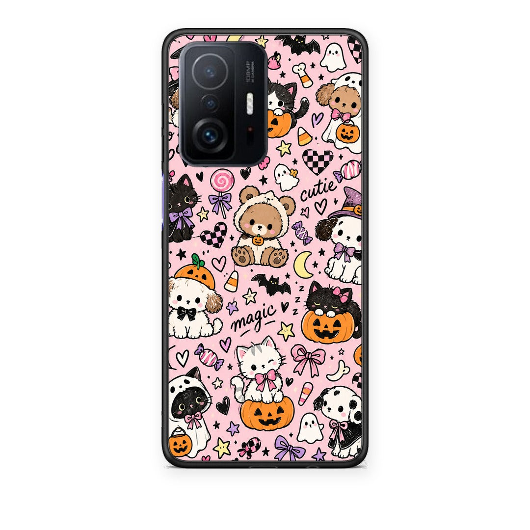 Θήκη Xiaomi 11T / 11T Pro Halloween Cute Animals on Pink από τη Smartfits με σχέδιο στο πίσω μέρος και μαύρο περίβλημα | Xiaomi 11T / 11T Pro Halloween Cute Animals on Pink case with colorful back and black bezels