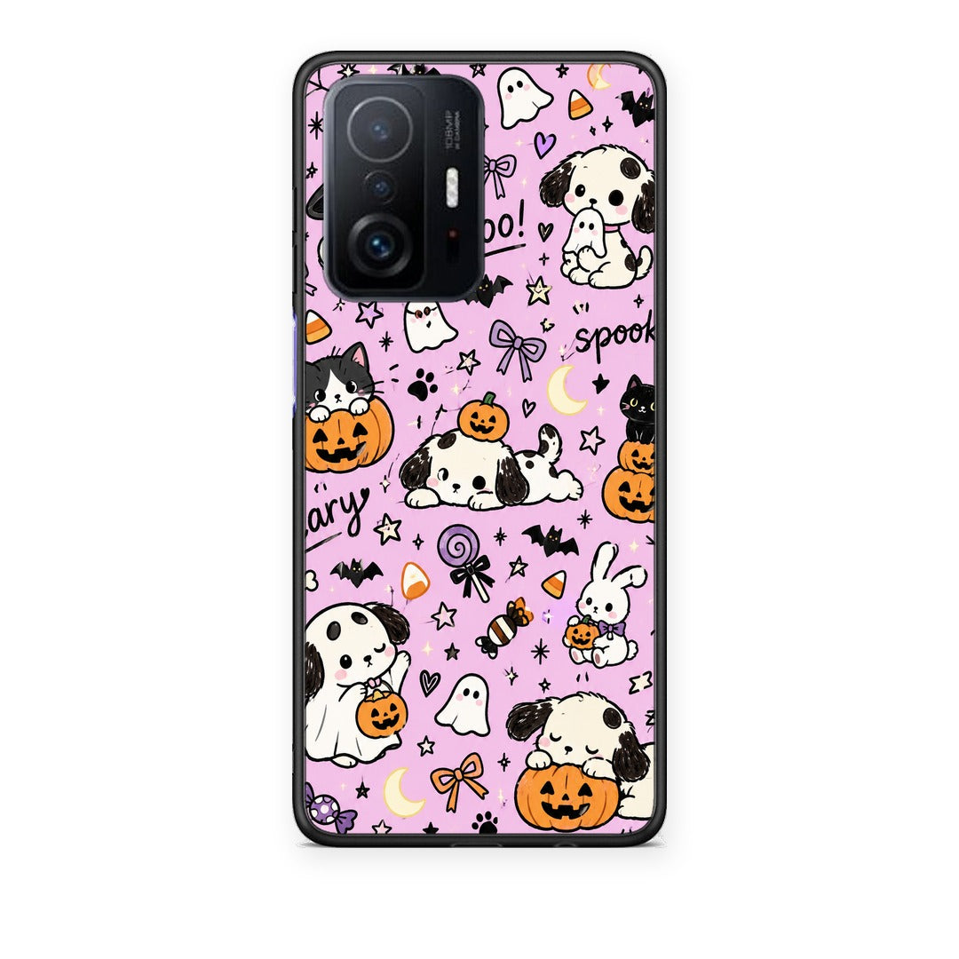 Θήκη Xiaomi 11T / 11T Pro Halloween Puppies and Friends on Lilac από τη Smartfits με σχέδιο στο πίσω μέρος και μαύρο περίβλημα | Xiaomi 11T / 11T Pro Halloween Puppies and Friends on Lilac case with colorful back and black bezels